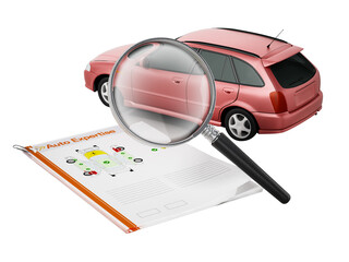 Auto expertise concept. Magnifying glass on the model car with test results on transparent background. 3D illustration