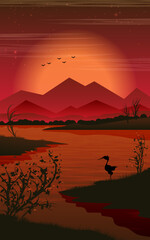 Beautiful evening natural landscape. River banks with trees and grass against a backdrop of mountains, a sky with a setting sun, clouds, and flying birds. 