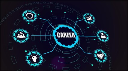 Career development, a futuristic digital visualization of professional growth, skills, and strategic job planning.