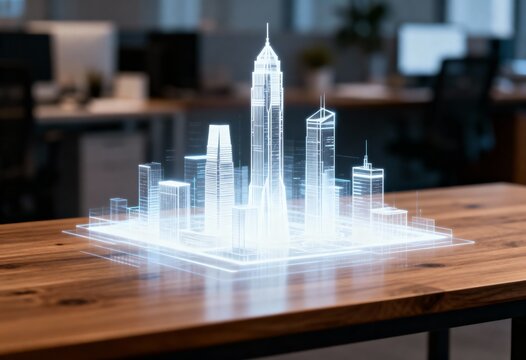 Holographic projection of a glowing futuristic city skyline displayed on a dark wooden office desk.