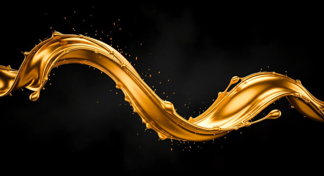 Image of golden fluid splash on a dark background, demonstrating smooth movement. It represents opulence, wealth, and premium substance