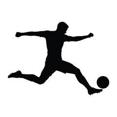 Vector silhouette illustration of a male soccer player athlete in action, kicking a football with a jumping body pose