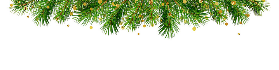 Obraz premium Green pine twigs with golden confetti for Christmas top border isolated on white or transparent background