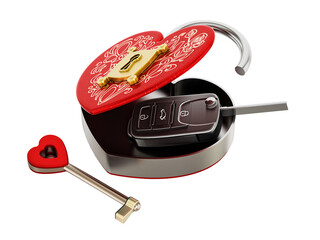 Car key inside open red heart shaped box on transparent background. 3D illustration