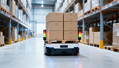 Autonomous mobile robot transports boxed pallet down a warehouse aisle with high storage racks.