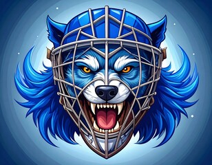 An aggressive blue wolf mascot wearing a hockey goalie mask illustration for sport branding