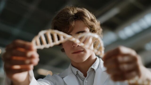 Scientist interpreting AI-based gene correlation patterns, emotion of curiosity visible, symbolizing data-driven biology, artificial intelligence, and genetic mapping research. cinematic color