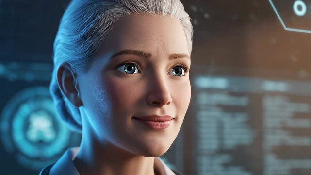 A professional woman with gray hair interacting with a futuristic digital interface displaying data and charts - Powered by Adobe