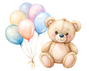 Cute teddy bear holding a bunch of colorful balloons isolated on white background