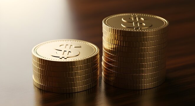 Two stacks of gold coins rest on polished wood, one taller than the other—each embossed with a dollar sign. A simple yet powerful visual of financial comparison, growth disparity, or evolving wealth.