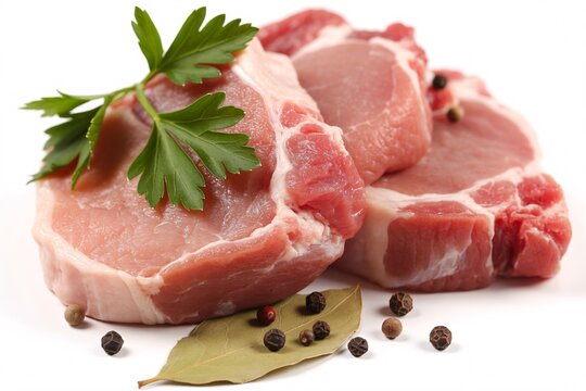 Fresh pork chops raw meat cutlets with herbs and spices on white background