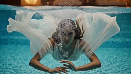 Woman with wet hair and an intense gaze emerging gracefully from a swimming pool at night, showing elegance, beauty, and allure in a luxurious setting
