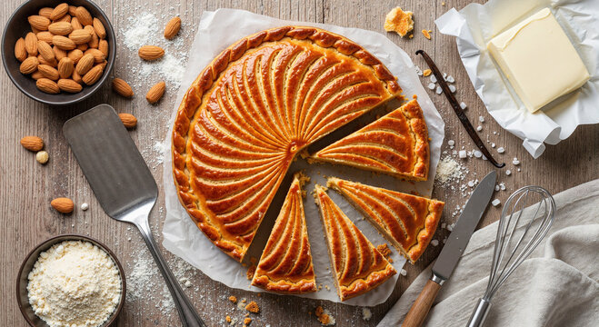 Traditional Epiphany cake sliced, golden dough interior, top-down flat lay with cooking ingredients, bright vibrant lifestyle food photography