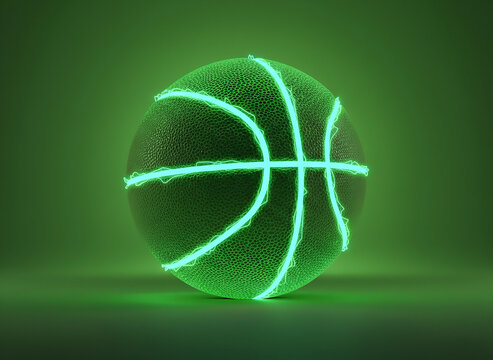 A glowing texture neon basketball, in the vibrant green background