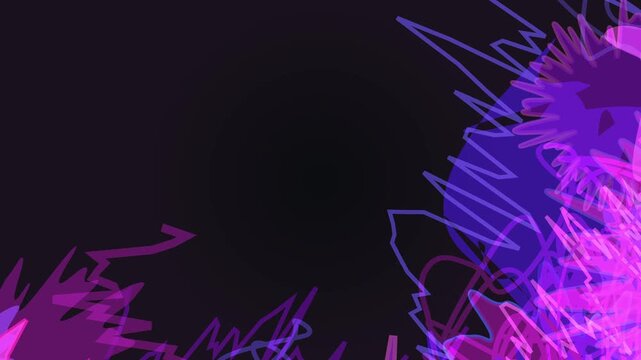 Abstract digital art with vibrant purple and blue geometric shapes and chaotic scribbles on a dark background