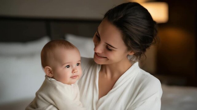 Smiling mother standing in a cozy bedroom holding her baby and looking into its eyes, emotion of deep connection and unconditional love visible, symbolizing attachment parenting, emotional