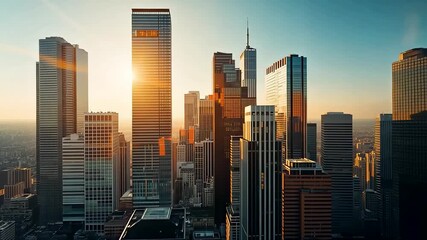 Golden Sunrise Over Downtown Skyscrapers with Glass Towers and Urban Cityscape View - Powered by Adobe
