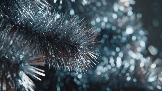 Illustration of a Christmas tree with silver tinsel decorations, Christmas celebration, shiny tinsel, festive atmosphere, sparkling holiday decor, metallic shimmer - Powered by Adobe