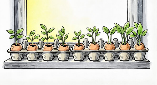 Egg cartons sprouting seedlings on sunny windowsill, whimsical hand-drawn style with watercolor textures