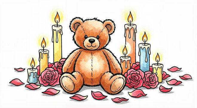 Teddy bear sitting among rose petals and candles, whimsical hand-drawn style with textured watercolor fills