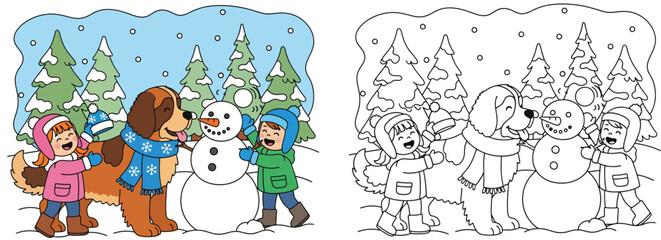 Happy Kids, Giant Dog, and Friendly Snowman: A Winter Wonderland Adventure with Best Friends