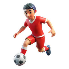 Obraz premium Cartoon soccer player in red uniform dribbling a ball isolated on a transparent background football