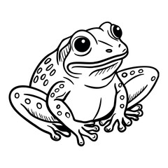 Black and white outline illustration of a frog sitting with a happy expression, suitable for a children's coloring book page