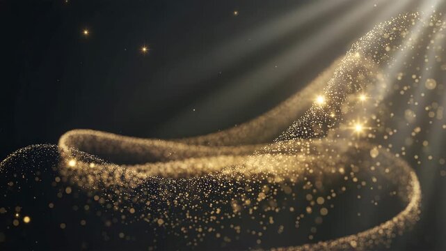 Golden particles swirl and sparkle with light rays on dark background abstract luxury celebration 4K Ai HD high quality video.	
