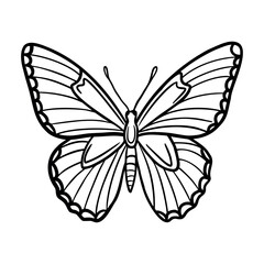 Black and white outline illustration of a large butterfly with detailed wings, suitable for a children's coloring book page or insect study