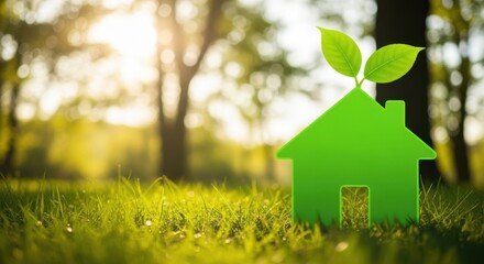 Green house symbol with growing leaves in a sunlit forest setting