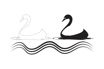 Elegant black swan silhouette on water with faint white swan