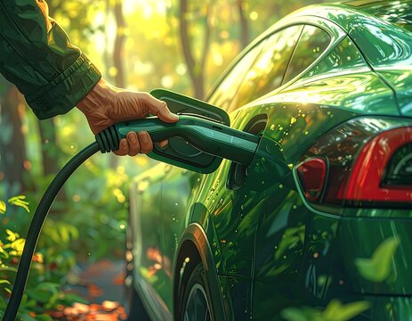 A person charging a green electric vehicle outdoors