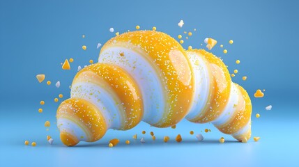 Modern 3D illustration of a croissant with smooth glossy texture on blue background, ideal for contemporary culinary branding, recipe blog and bakery web site