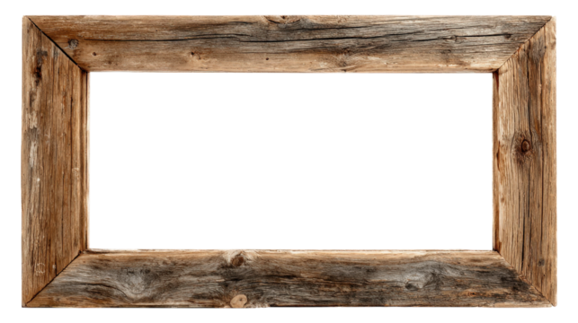 Rustic wood picture frame border isolated on a transparent background