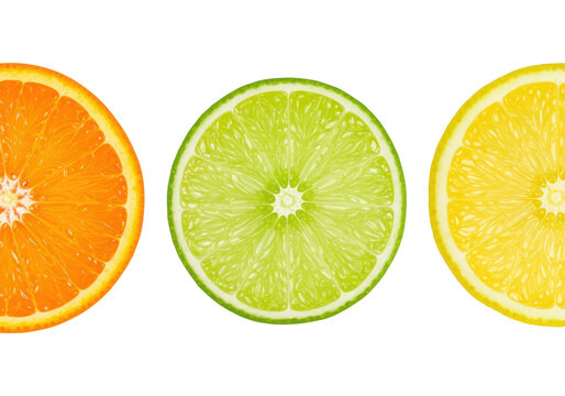 Three vibrant, translucent orange, lime, and lemon cross-sections, perfectly arranged on a transparent background with copy space. Concept for fresh fruit advertising