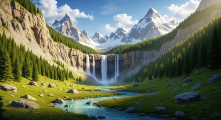 Scenic mountain landscape with a waterfall lush green valley and snow-capped peaks ideal for travel and nature-themed projects