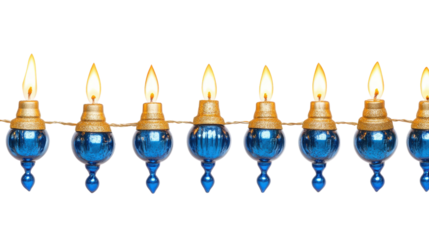 Blue glass oil lamps with gold accents isolated on a transparent background