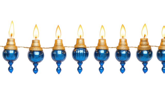 Blue glass oil lamps with gold accents isolated on a transparent background