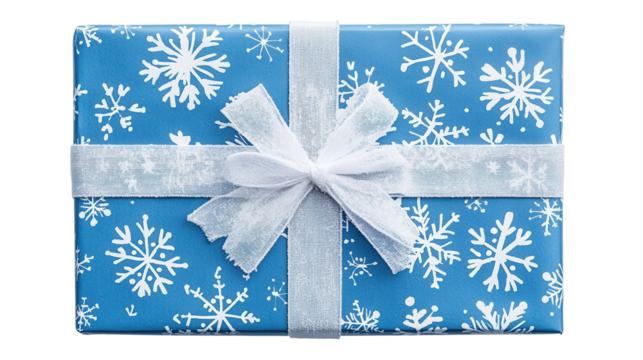 Blue gift box with white snowflakes isolated on a transparent background