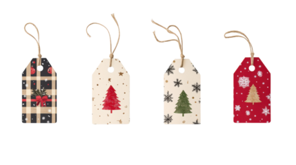 Four Christmas gift tags with festive designs isolated on a transparent background
