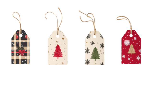 Four Christmas gift tags with festive designs isolated on a transparent background - Powered by Adobe