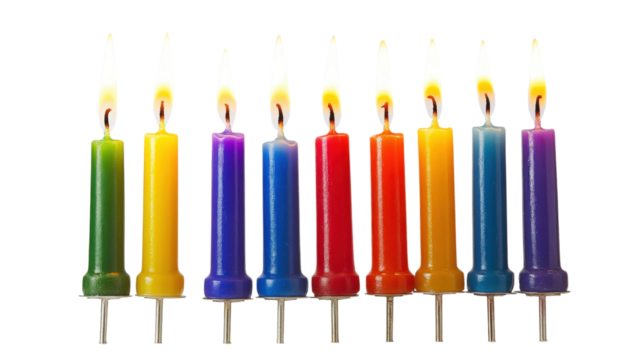 Row of colorful lit birthday candles isolated on a transparent background - Powered by Adobe