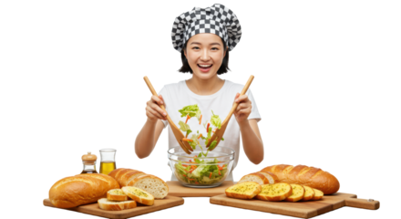 Young Asian woman in chef's hat tossing green salad in a glass bowl, artisan breads on rustic table, transparent background, concept of healthy culinary joy