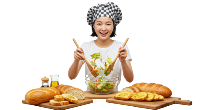 Young Asian woman in chef's hat tossing green salad in a glass bowl, artisan breads on rustic table, transparent background, concept of healthy culinary joy - Powered by Adobe