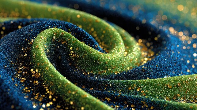 Blue and green glitter fabric with golden sparkles macro texture, generative ai