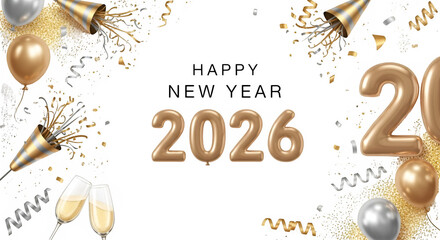 Golden 2026 numbers with festive confetti balloons and champagne flutes isolated on transparent background