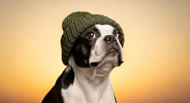 Boston terrier with white and black fur wearing green knit hat against soft yellow gradient backdrop, representing pet fashion and care, animal theme