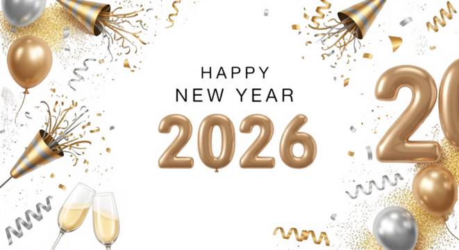 Golden 2026 numbers with festive confetti balloons and champagne flutes isolated on transparent background