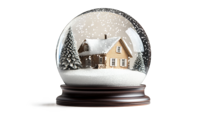 Wooden house and pine trees snow globe isolated on a transparent background