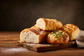 Rustic bread assortment with ciabatta, rolls, and focaccia on board